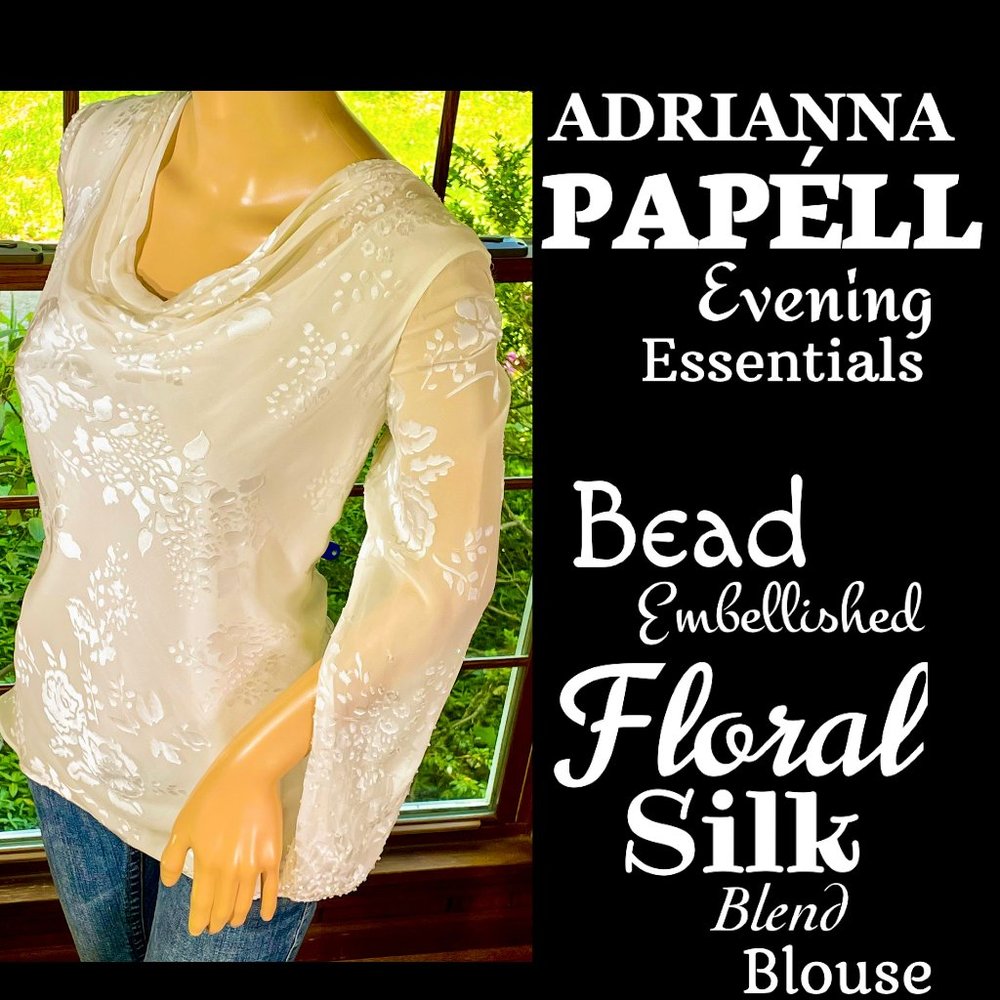 ▪️ADRIANNA PAPELL▪️Bead Embellished Floral Overlay Silk Blend Evening Blouse